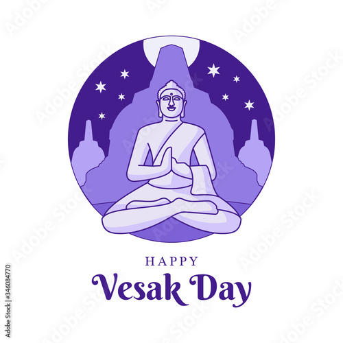 Vesak Day Waisak Holiday Vector. Buddha Sitting Borobudur Temple Background.