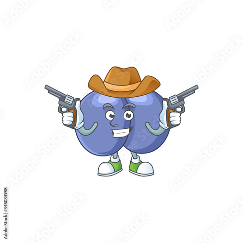 A cowboy cartoon character of streptococcus pneumoniae holding guns