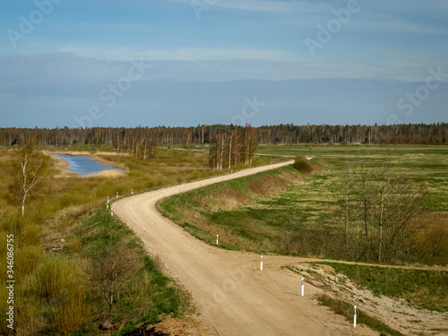 bright landscape with lake shore  flooded lake meadows  first spring greenery  wallpaper