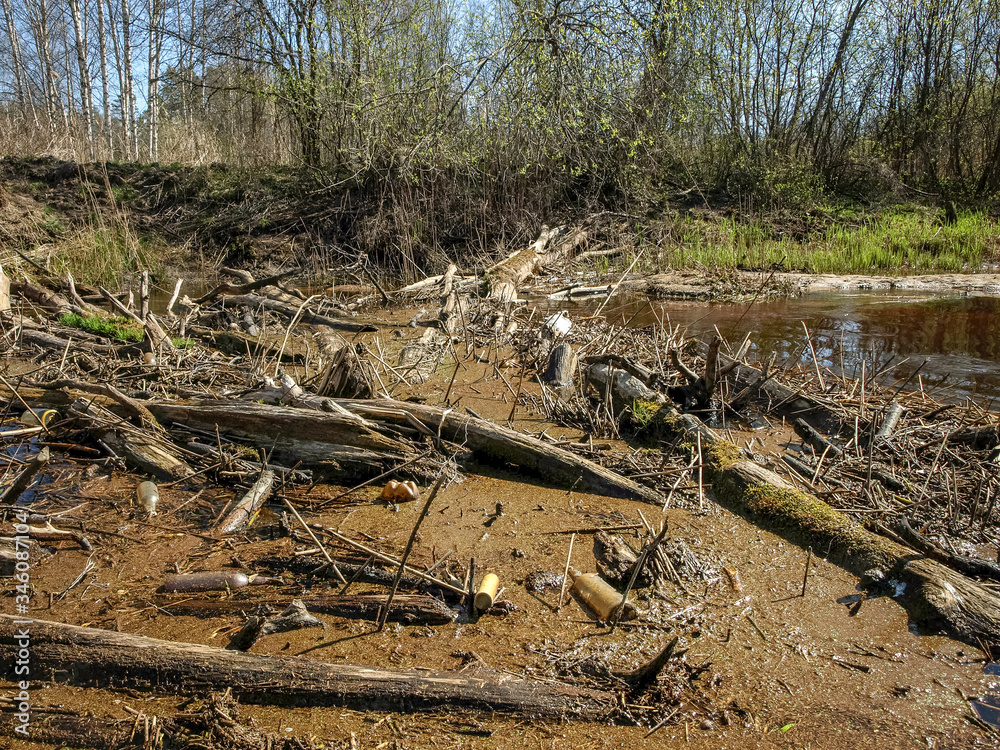 landscape with a small wild river bank, fallen tree trunks crossing the river, first spring greenery, view from a fishing boat landscape with a small wild river bank, fallen tree trunks crossing the river, first spring greenery, view from a fishing boat