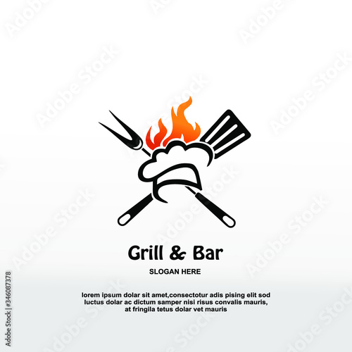 Barbecue restaurant logo concept. Logo of Barbecue, Grill and Bar with fire, grill fork and spatula. BBQ logo template. Vector illustration