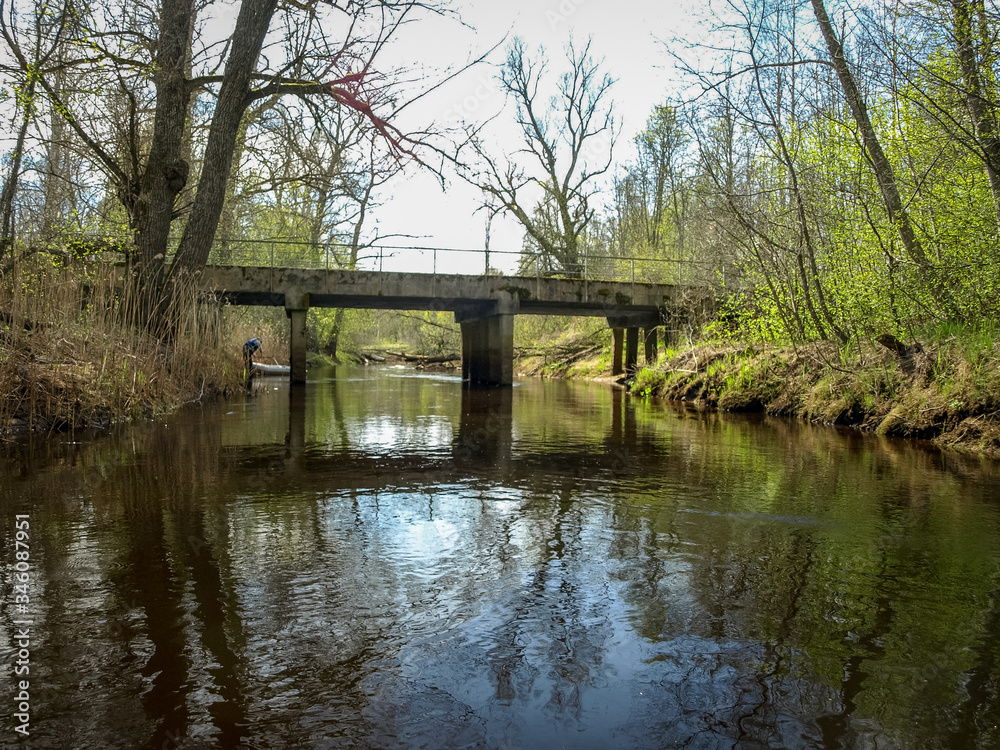 a small wild river, the first spring greenery, the silhouette of the bridge in the background, reflections in the river water a small wild river, the first spring greenery, the silhouette of the bridge in the background, reflections in the river water