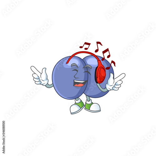 Cartoon mascot design streptococcus pneumoniae enjoying music with headset