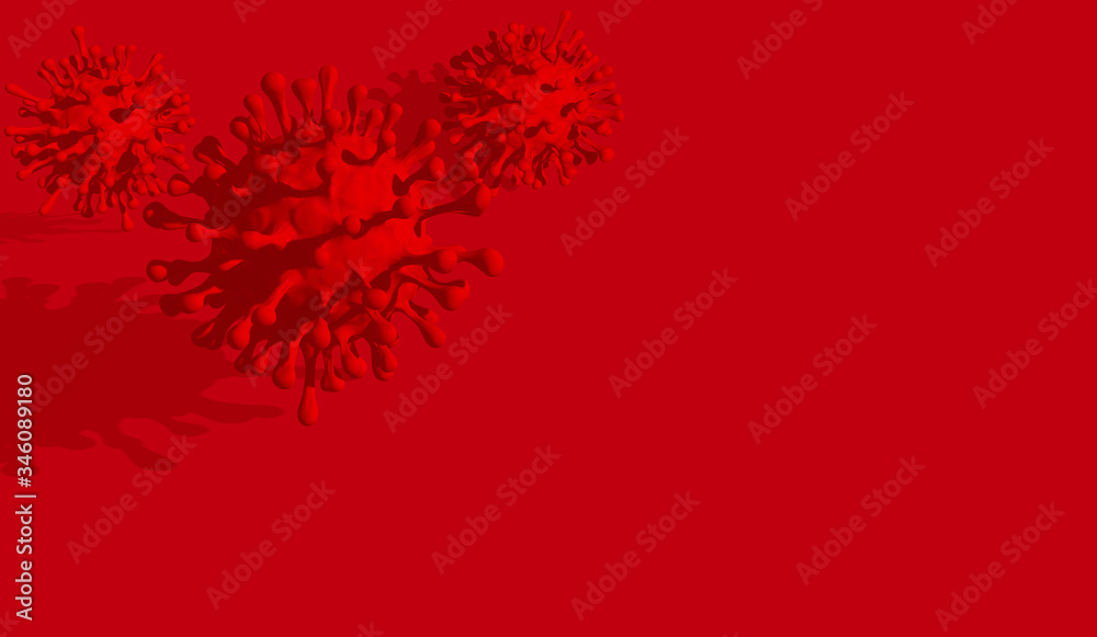 red background with translucent coronaviruses for articles and coverage of the situation with the disease, draws attention to the danger. 3d render