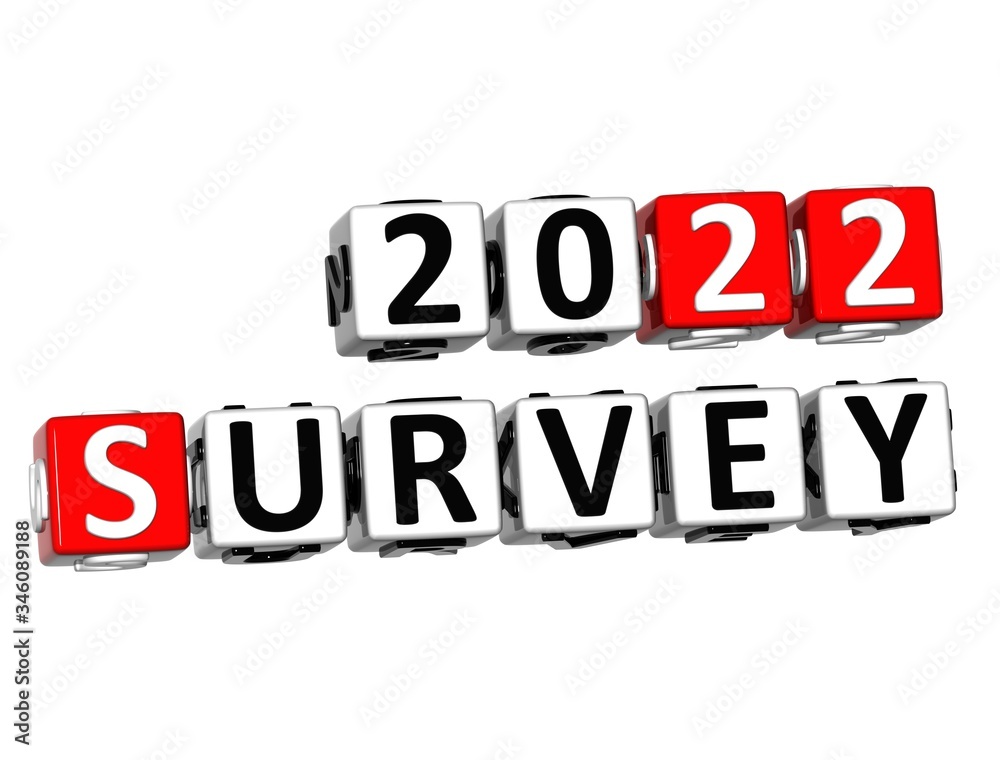 Survey 2022. 3D red-white crossword puzzle on white background. Creative Words. Survey 2022. 3D red-white crossword puzzle on white background. Creative Words.