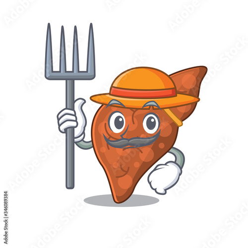 Cartoon character design of human fibrosis liver as a Farmer with hat and pitchfork