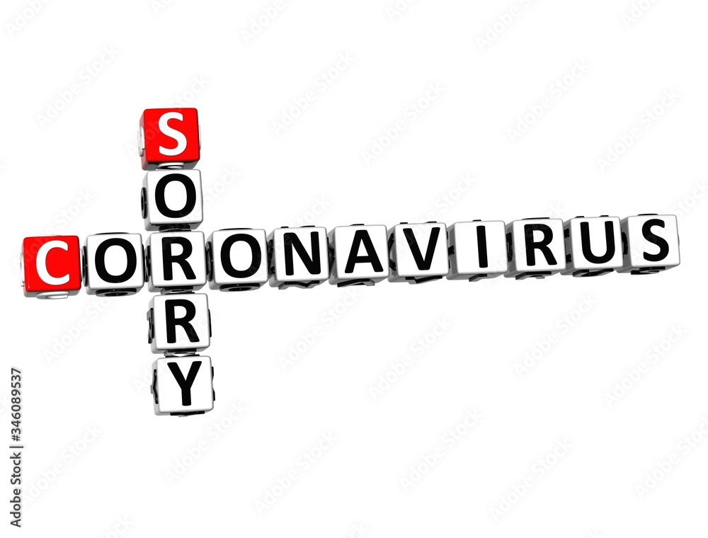 Sorry Coronavirus COVID-19. 3D red-white crossword puzzle on white background. Corona Virus Creative Words. Sorry Coronavirus COVID-19. 3D red-white crossword puzzle on white background. Corona Virus Creative Words.