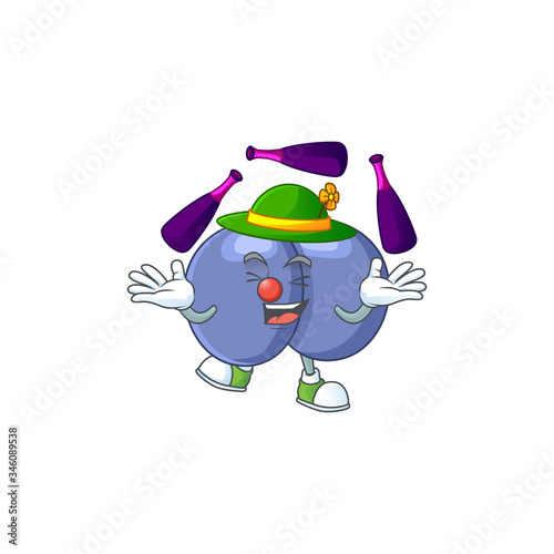 mascot cartoon style of streptococcus pneumoniae playing Juggling on stage
