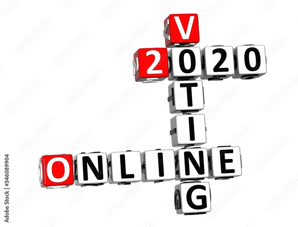 Online Voting 2020. 3D red-white crossword puzzle on white background. Creative Words. Online Voting 2020. 3D red-white crossword puzzle on white background. Creative Words.