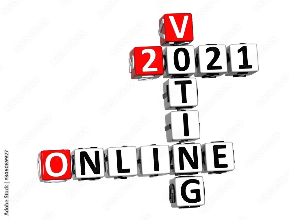 Online Voting 2022. 3D red-white crossword puzzle on white background. Creative Words. Online Voting 2022. 3D red-white crossword puzzle on white background. Creative Words.
