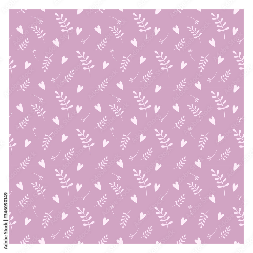 Simple floral seamless pattern. Pattern with branches, flowers and hearts. Pink colored background.