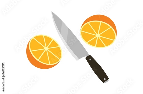 an orange cut into to halves with a knife