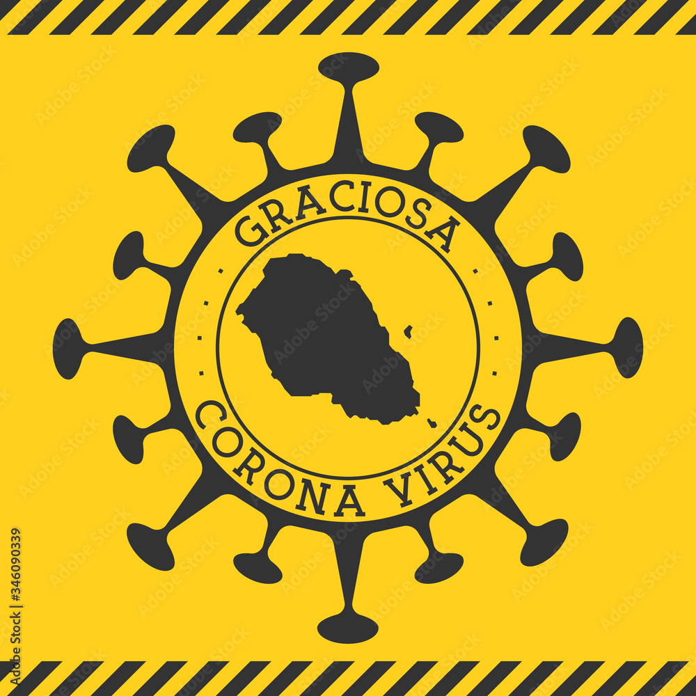Corona virus in Graciosa sign. Round badge with shape of virus and Graciosa map. Yellow island epidemy lock down stamp. Vector illustration.