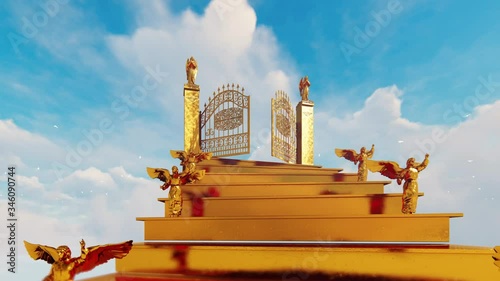 Golden stairway to gates of heaven with flying angels against cloudy sky and white doves photo