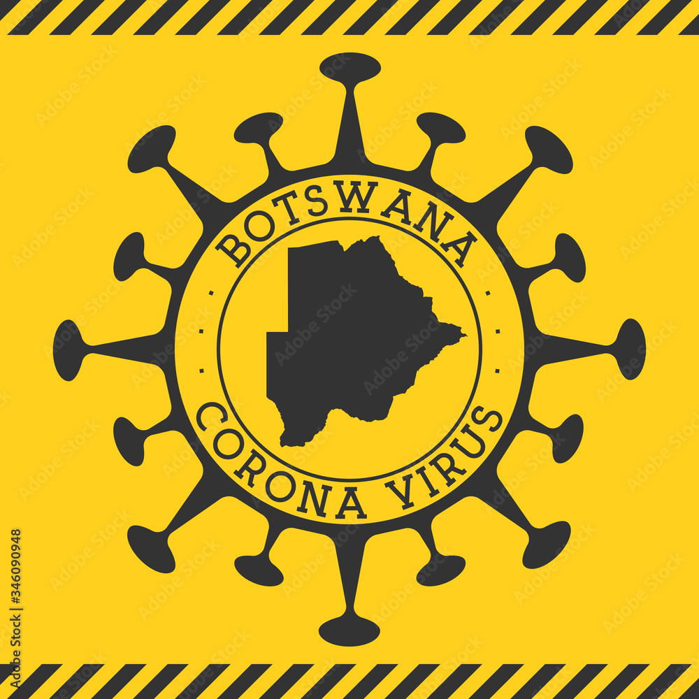 Corona virus in Botswana sign. Round badge with shape of virus and Botswana map. Yellow country epidemy lock down stamp. Vector illustration.
