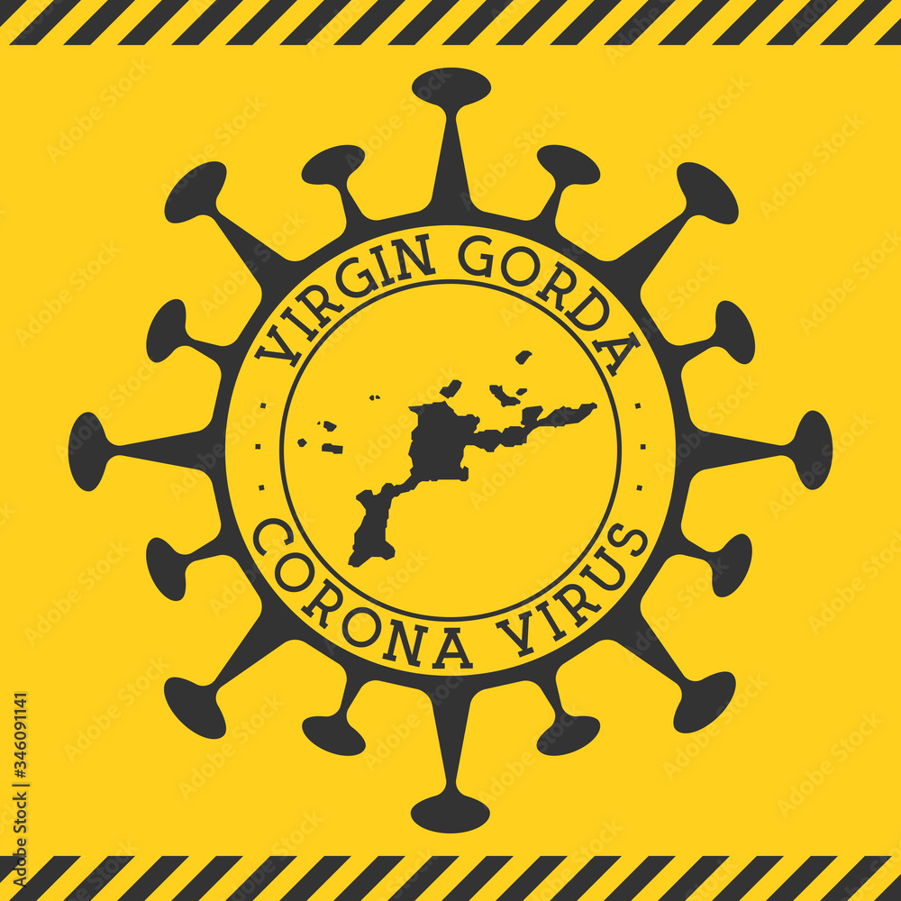 Corona virus in Virgin Gorda sign. Round badge with shape of virus and Virgin Gorda map. Yellow island epidemy lock down stamp. Vector illustration.