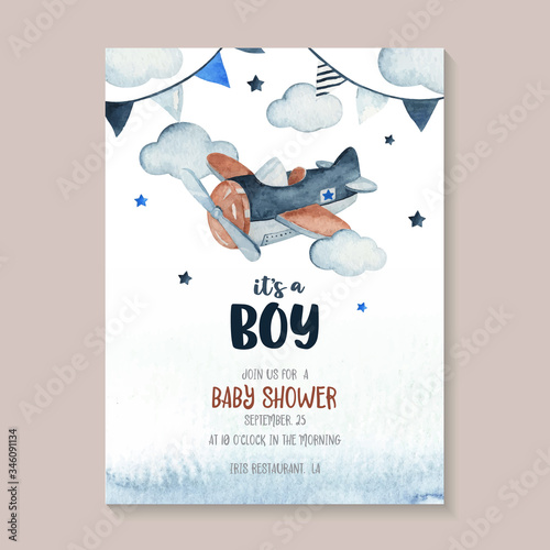 Cute watercolor sky scene illustration complete with airplane, garland, star and cloud. perfect for baby shower invitation card