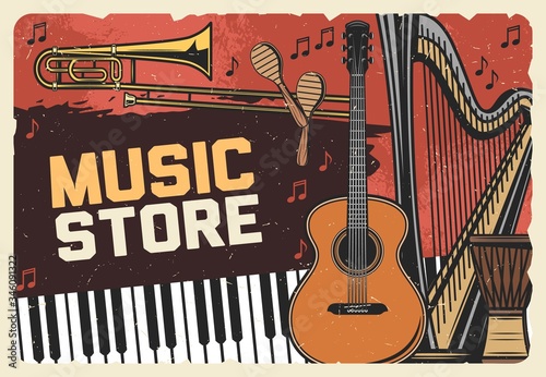 Folk music instruments store, vector vintage retro poster with guitar, piano and musical notes stave. Classical, jazz and folk music instruments shop, acoustic band maracas, trumpet and orchestra harp