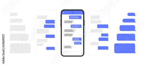 Social media design concept. Smart Phone with carousel style messenger chat screen. Sms template bubbles for compose dialogues. Modern vector illustration flat style
