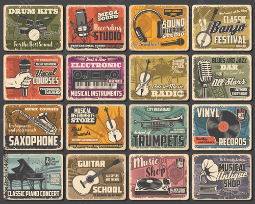 Music instruments shop, live concert and recording studio, vector retro posters. Classic music radio, guitar store, jazz fest saxophone and piano school, singer vocals courses and blues bar photo