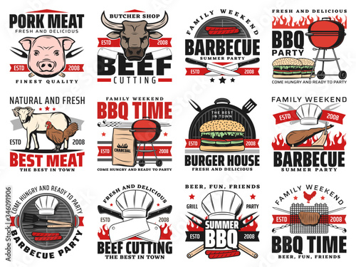 Barbecue grill party and butchery meat vector icons. Burger house, charcoal BBQ grill time and picnic party, pork and beef steaks on fire flames, butcher cutlery knife and fork