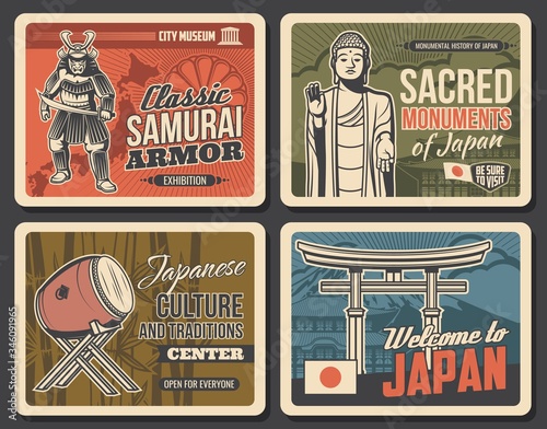 Japanese culture and traditions, Japan travel landmarks, vector vintage posters. Samurai armor and museum, Japanese music instruments exhibitions museum, Buddhism monuments and pagodas