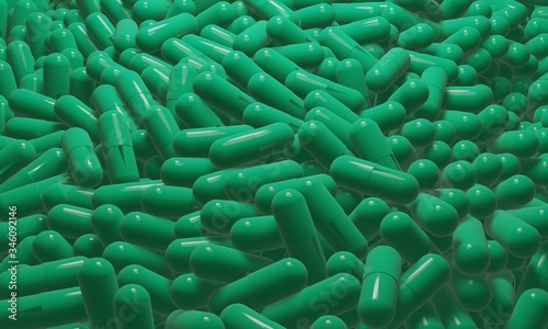 3D rendering of closeup of a pile or group of many green two piece capsules or pills. Background in filled with realistic medication. Great as medical or pharmaceutical promotion  backdrop or banner.