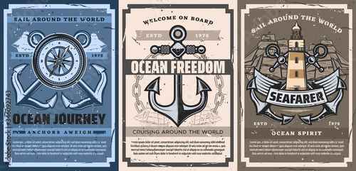 Nautical and marine vintage posters with anchor and ocean waves, frigate boat with sails, lighthouse and chains, seafaring navigation compass with wind rose. Marine travel and adventure vector