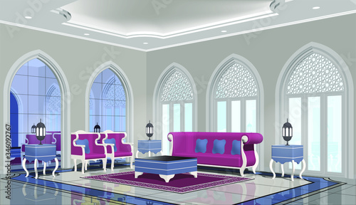 3D Perspective View of a living room in arabic style interior design in beige. purple and blue