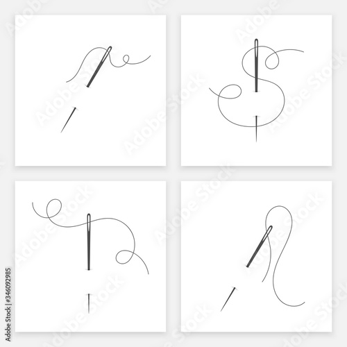 Needle and thread silhouette icon set vector illustration. Tailor logo with needle symbol and curvy thread collection isolated on white background. Tailor sign template, sewing instrument icon design