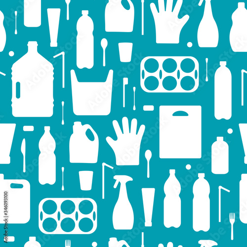 Plastic waste, ocean pollution seamless pattern vector illustration. Eco problem water pollution trash silhouette symbol seamless background. Earth day wallpaiper with single use plastic garbage icons