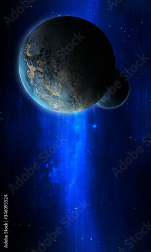 abstract space illustration, 3d image, planet in the blue shine, stars
