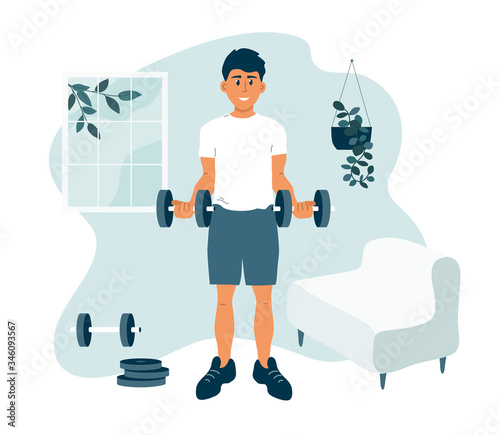 Stay home, keep fit and positive. Smiling man doing exercise with dumbbells. Sport, fitness workout. Physical activity, healthy lifestyle concept. Quarantine lockdown. Gym at home vector illustration.