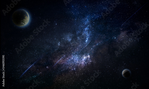 abstract space illustration, 3d image, planets in space and the radiance of stars