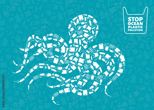 Plastic waste ocean environment problem concept vector illustration. Octopus ocean mollusc outline filled with plastic waste flat icons. Sustainable lifestyle, underwater wildlife danger concept