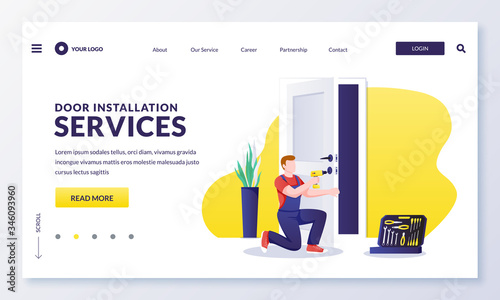 Door repair and installation service. Handyman makes door lock repair works with screwdriver. Vector flat cartoon character worker illustration. Home maintenance services concept