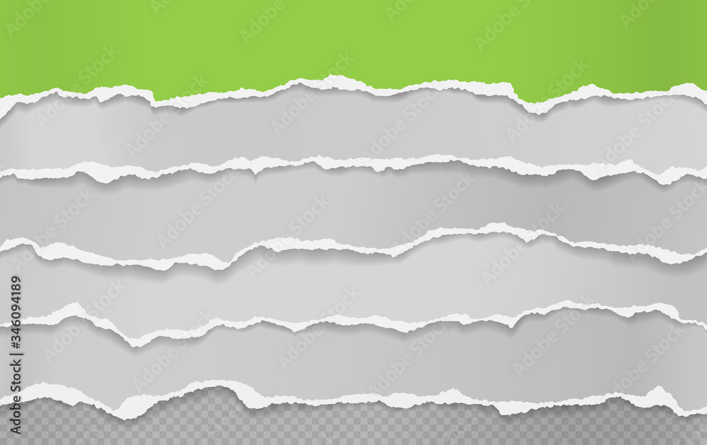 Torn, ripped pieces of horizontal green and white paper with soft shadow are on squared background for text. Vector illustration