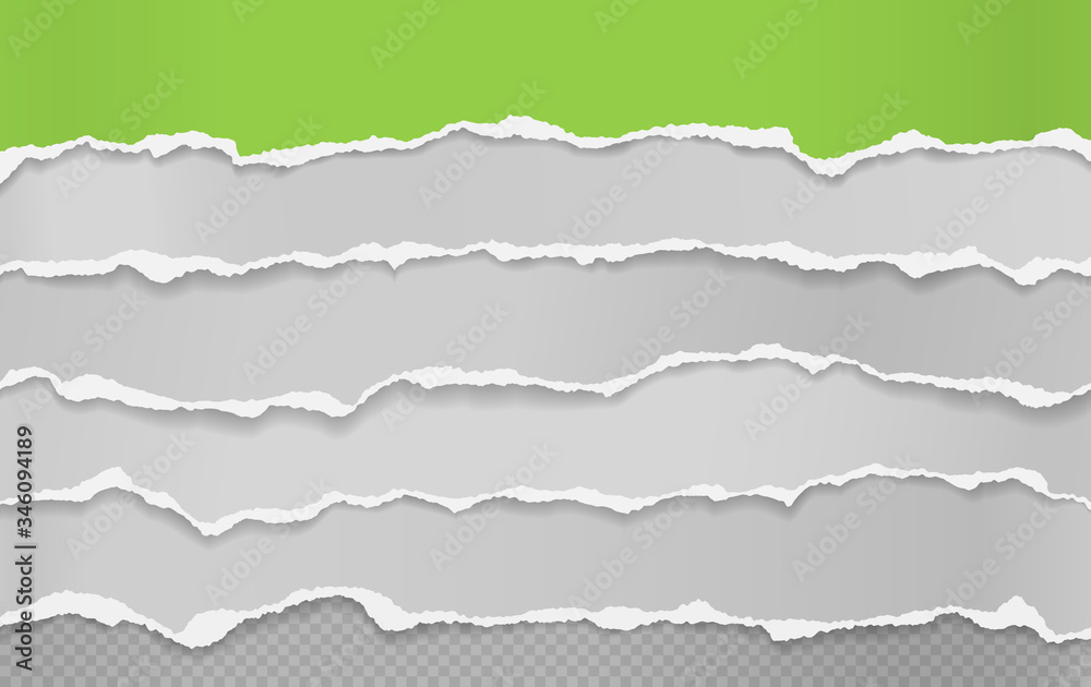 Torn, ripped pieces of horizontal green and white paper with soft shadow are on squared background for text. Vector illustration Torn, ripped pieces of horizontal green and white paper with soft shadow are on squared background for text. Vector illustration