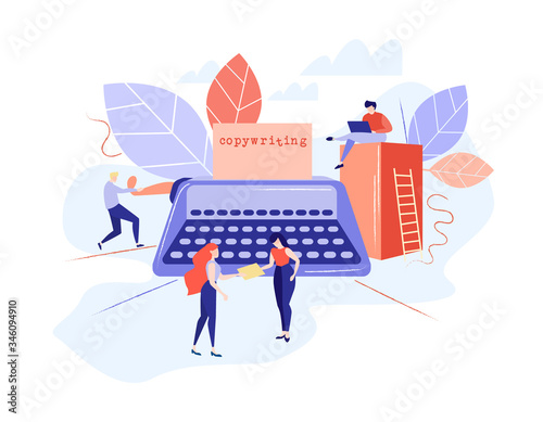Copywriting flat vector concept. People create text using a typewriter.