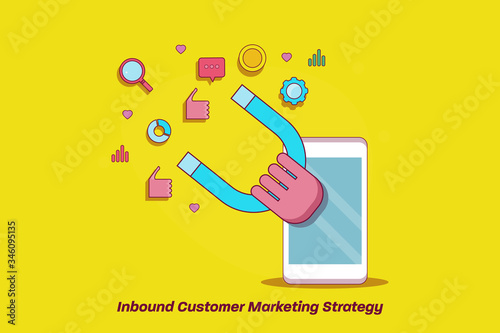 Concept of attracting new customer with inbound marketing strategy, social media and digital marketing with  mobile device. Hand holding magnet. Web banner.