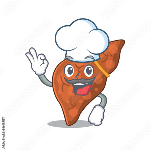 Human fibrosis liver chef cartoon design style wearing white hat