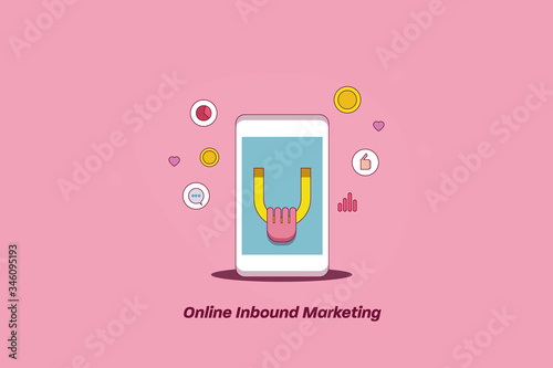 Inbound marketing, hand holding magnet in mobile phone screen, social media, internet advertising cartoon style web banner.