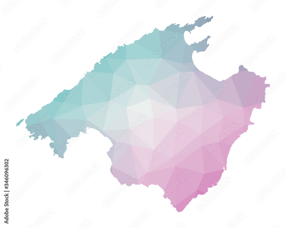 Polygonal map of Majorca. Geometric illustration of the island in emerald amethyst colors. Majorca map in low poly style. Technology, internet, network concept. Vector illustration.