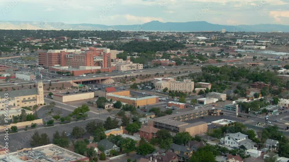Albuquerque, New Mexico, USA. Aerial flying over the downtown CBD and freeway traffic Albuquerque, New Mexico, USA. Aerial flying over the downtown CBD and freeway traffic