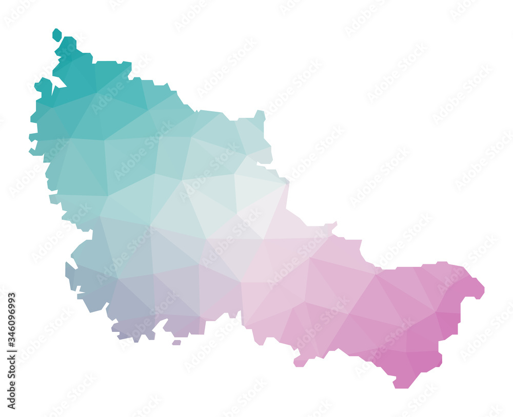 Polygonal map of Belle Ile. Geometric illustration of the island in emerald amethyst colors. Belle Ile map in low poly style. Vector illustration. Polygonal map of Belle Ile. Geometric illustration of the island in emerald amethyst colors. Belle Ile map in low poly style. Vector illustration.