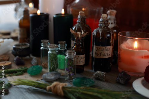 Fototapeta Naklejka Na Ścianę i Meble -  magic ritual with runes and pentagram and magical attributes