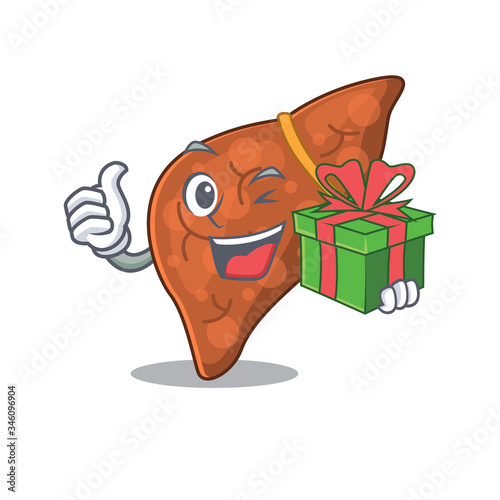 Smiling human fibrosis liver cartoon character having a green gift box