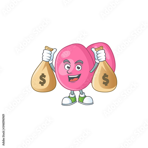 Blissful rich streptococcus pyogenes cartoon character having money bags
