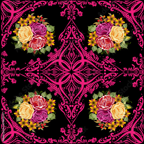 Wallpaper Mural four roses bunches in pink frame on black Torontodigital.ca