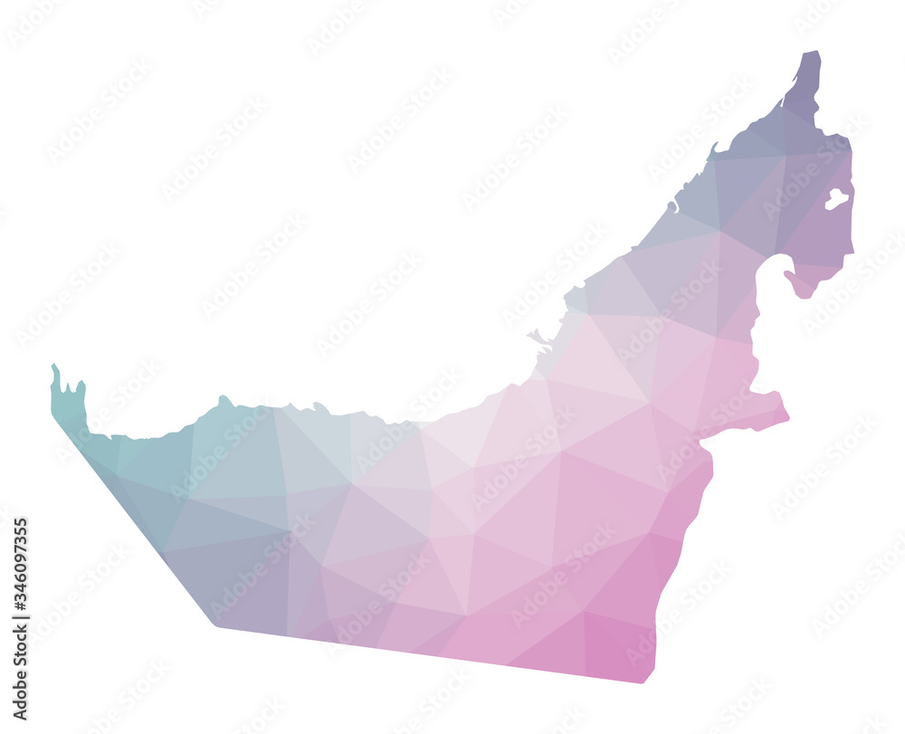 Polygonal map of UAE. Geometric illustration of the country in emerald amethyst colors. UAE map in low poly style. Technology, internet, network concept. Vector illustration. Polygonal map of UAE. Geometric illustration of the country in emerald amethyst colors. UAE map in low poly style. Technology, internet, network concept. Vector illustration.